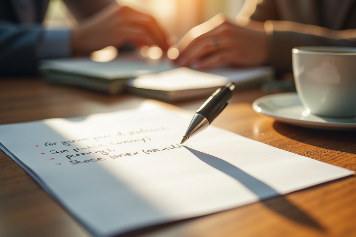 Note manuscrite sur un bureau avec tasse de café et factures