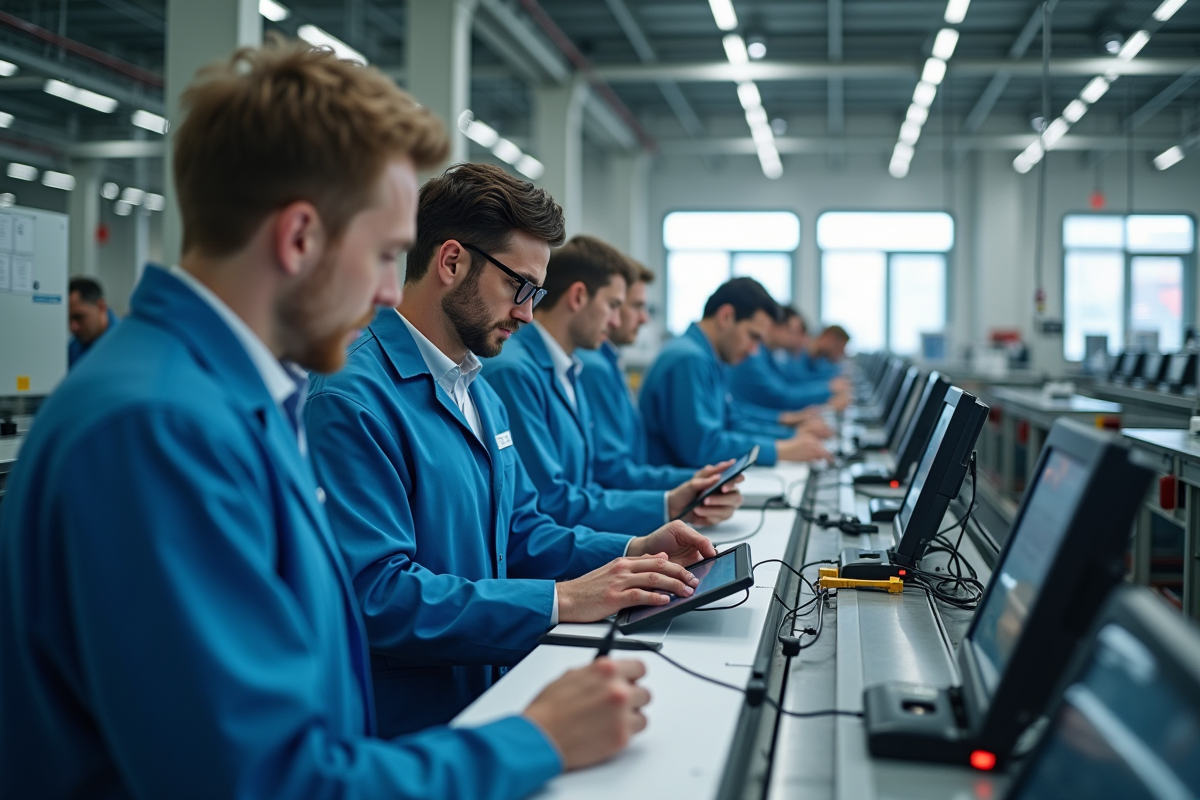 Ouvriers en usine utilisant des tablettes sur la ligne de production