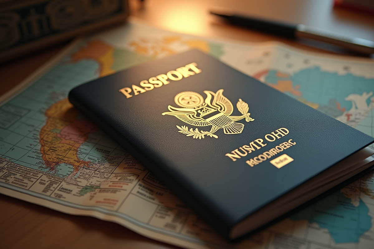 Passeport ouvert avec visa doré sur une table en bois