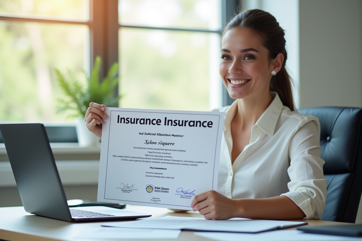 Personne souriante tenant un certificat d'assurance au bureau