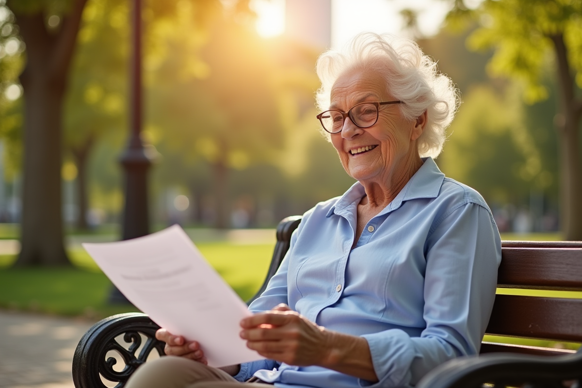 Personne agee souriante examinant des documents financiers en parc
