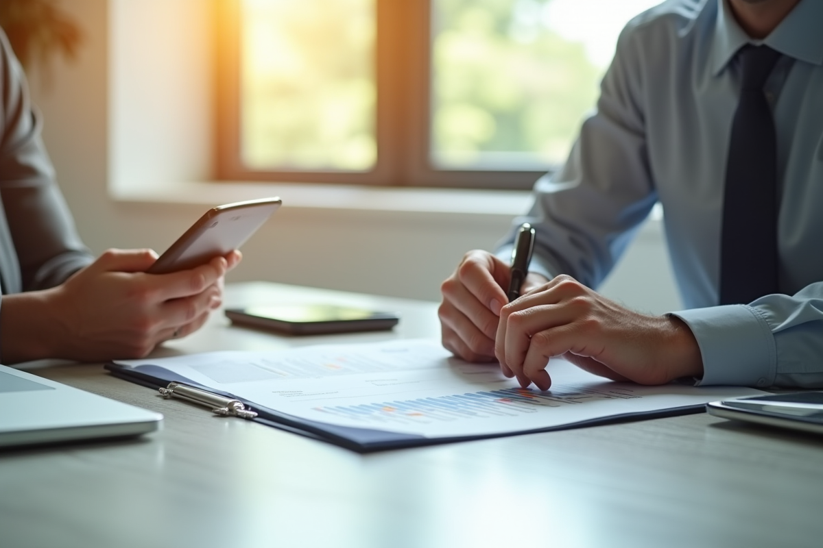 Personne au bureau comparant documents bancaires avec stylo