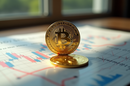 Pièce de bitcoin en gros plan sur journal financier
