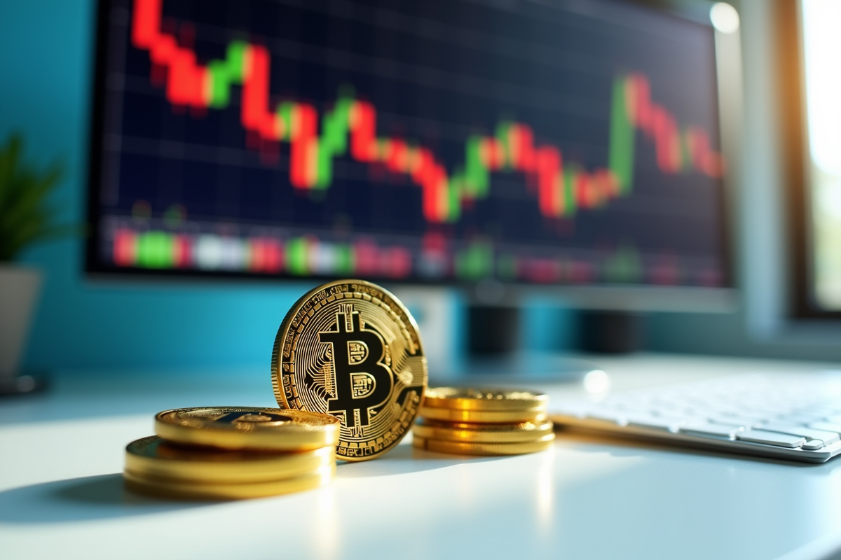 Pièces de cryptomonnaie et Bitcoin sur un bureau lumineux