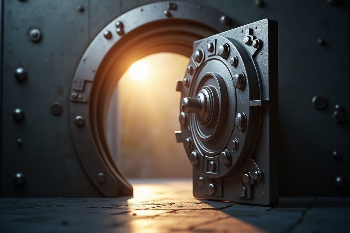 Porte de coffre-fort métallique entrouverte avec lumière