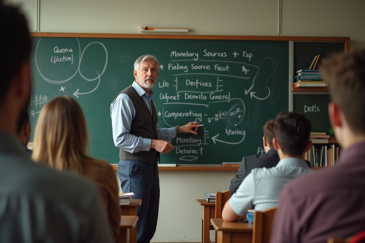 Professeur expliquant un diagramme monétaire à des étudiants