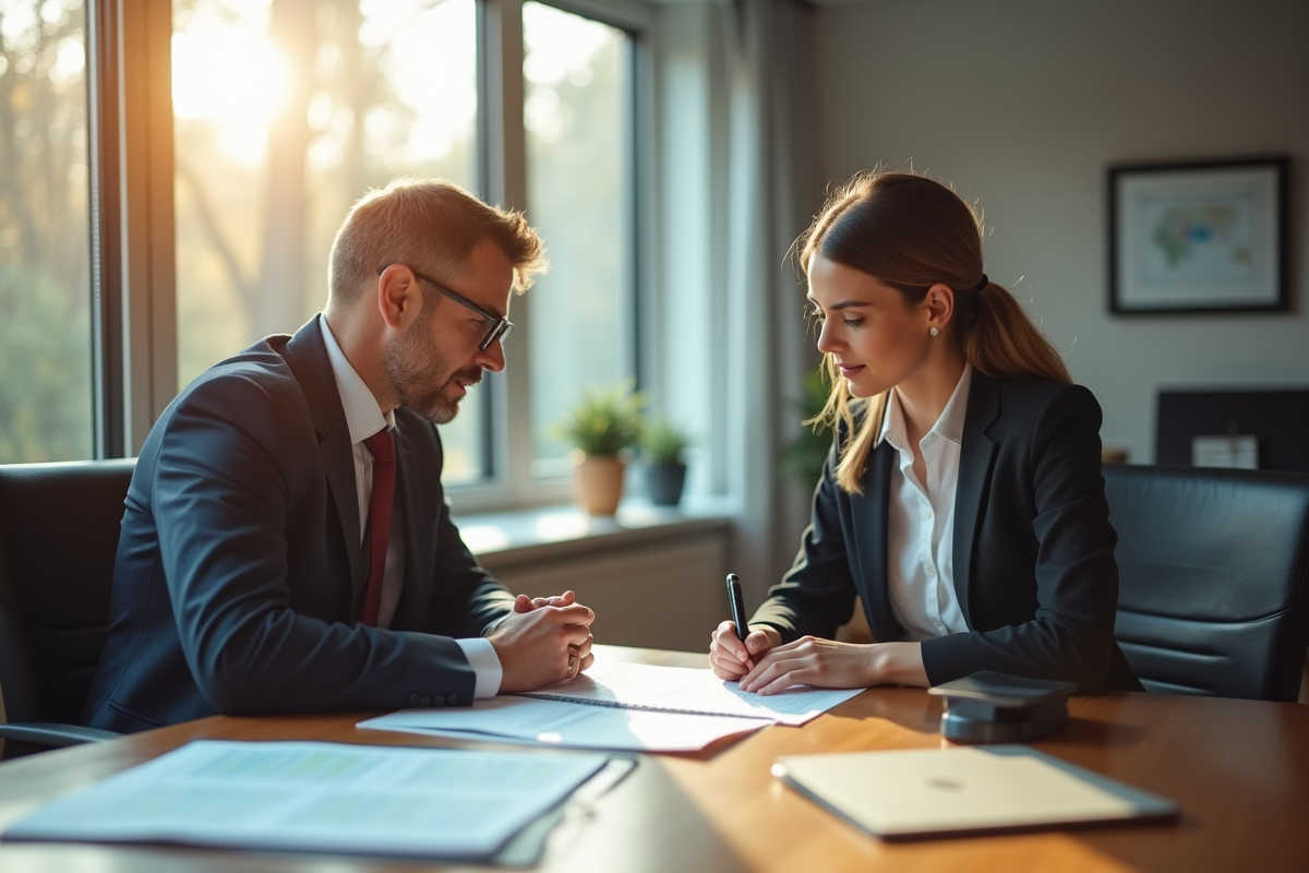 Professionnel d'assurance examinant des documents dans un bureau lumineux
