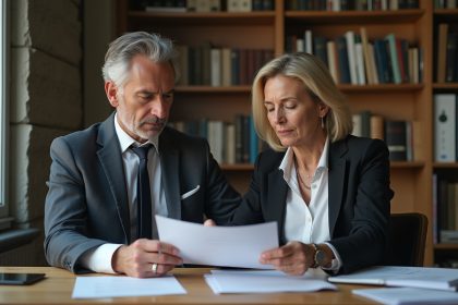 Homme et femme d affaires discutant de documents dans un bureau français