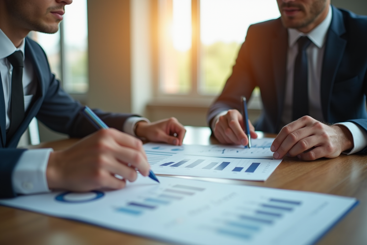 Deux professionnels discutent de documents dans un bureau lumineux