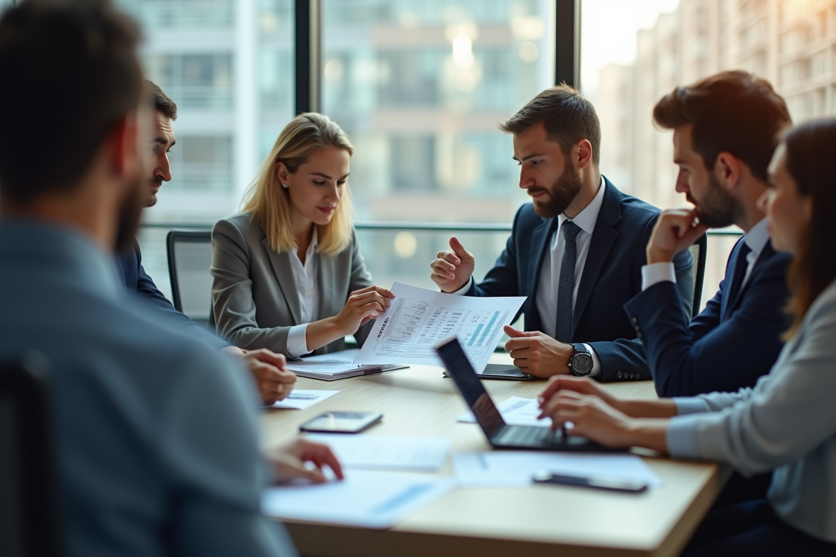 Groupe de professionnels discutant de documents financiers