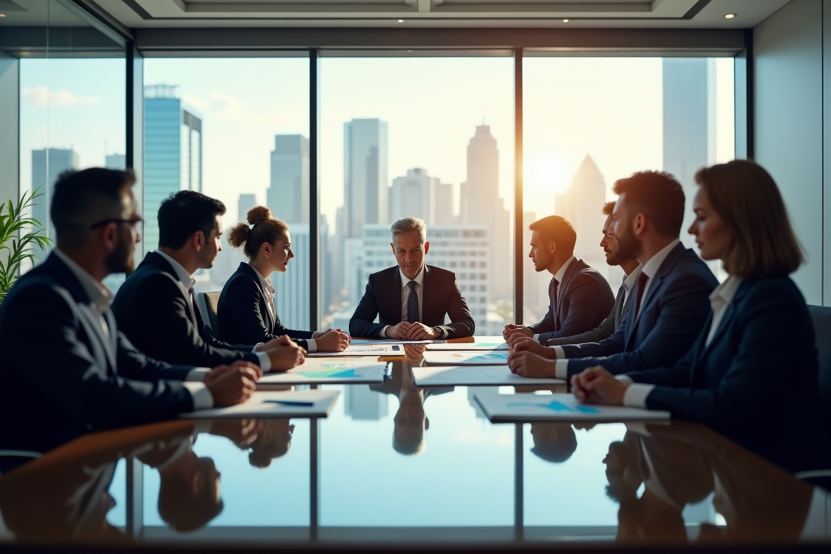 Groupe de dirigeants dans une salle de réunion analysant des graphiques