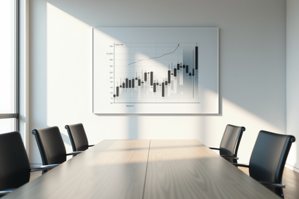 Salle de réunion vide avec graphique financier négatif projeté