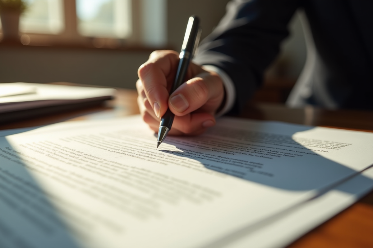 Main signant un contrat officiel sur un bureau en bois