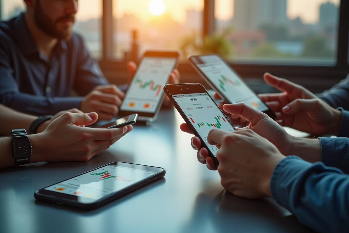 Personnes utilisant smartphones avec graphiques Bitcoin en office
