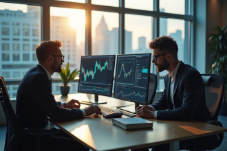 Deux traders professionnels analysant des graphiques boursiers en bureau moderne