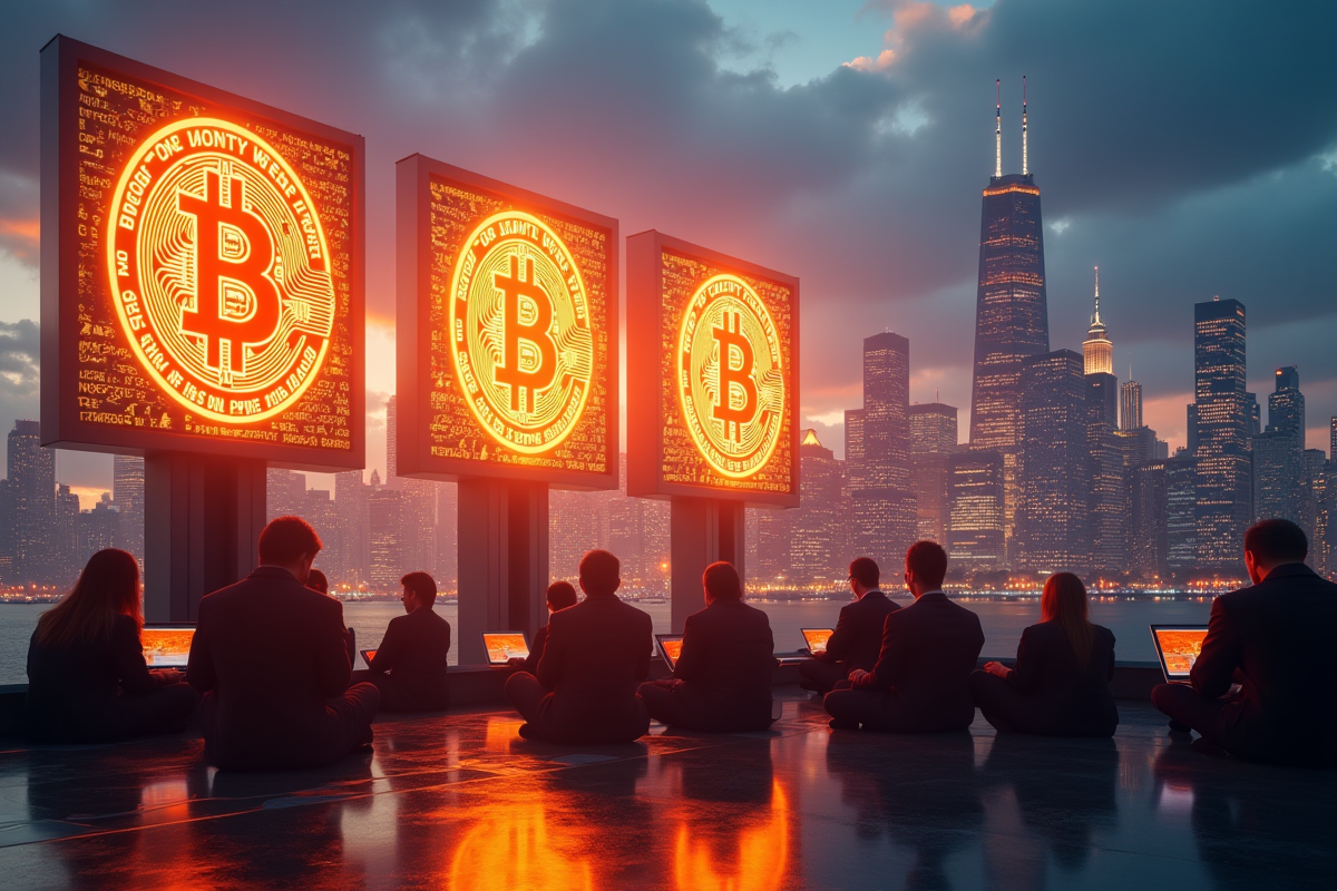 Silhouette de ville avec symboles bitcoin lumineux au coucher du soleil